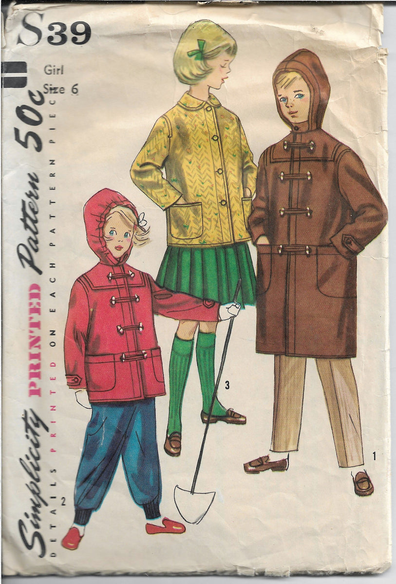 Simplicity S39 Childrens Duffle Coat Vintage Sewing Pattern 1950s