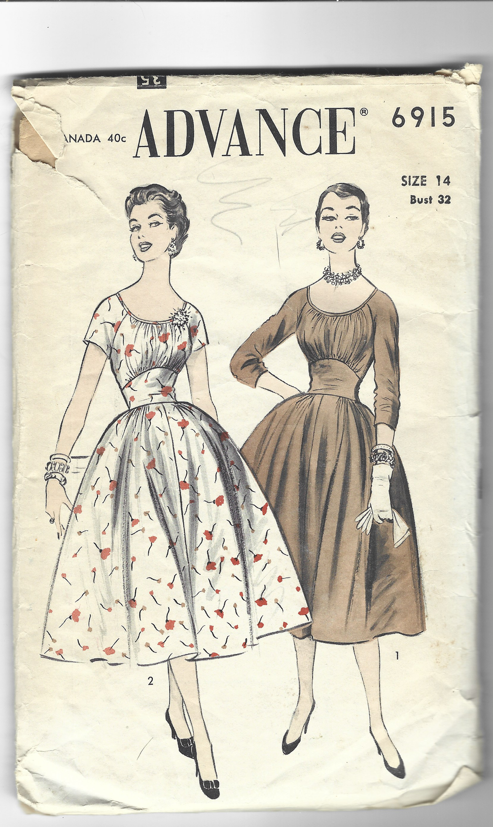 Advance 6915 Ladies Dress Empire Waist Vintage 1950's Sewing Pattern Unprinted