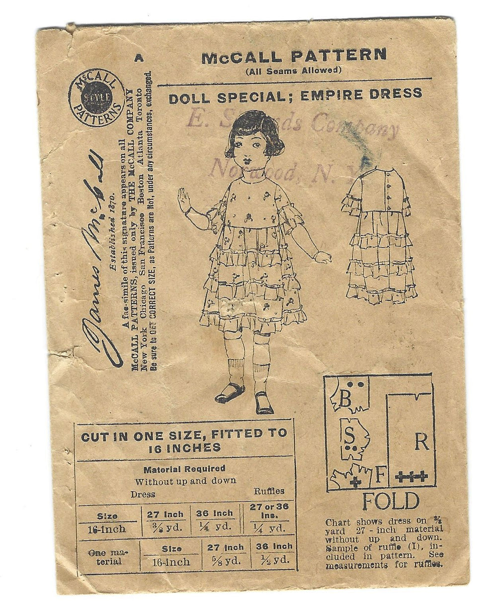 McCall Doll Special Empire Dress Vintage 1908 Sewing Craft Pattern Unprinted