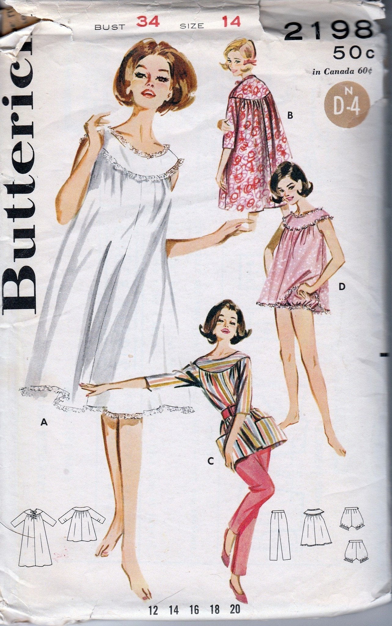 Butterick 2198 Vintage Sewing Pattern 1960's Ladies Lingerie Nightgown