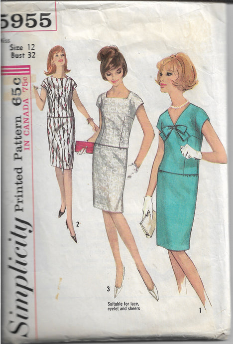 Simplicity 5955 Vintage Sewing Pattern 1960s Ladies Two Piece Slim Dress - VintageStitching - Vintage Sewing Patterns