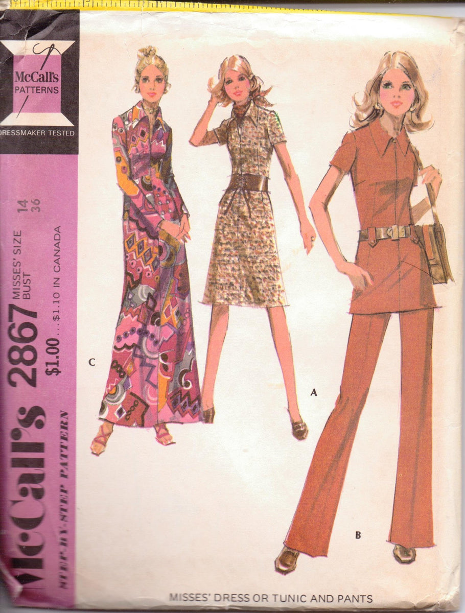 McCall's 2867 Ladies Dress Tunic Top Pants Vintage 1970's Sewing Patte ...