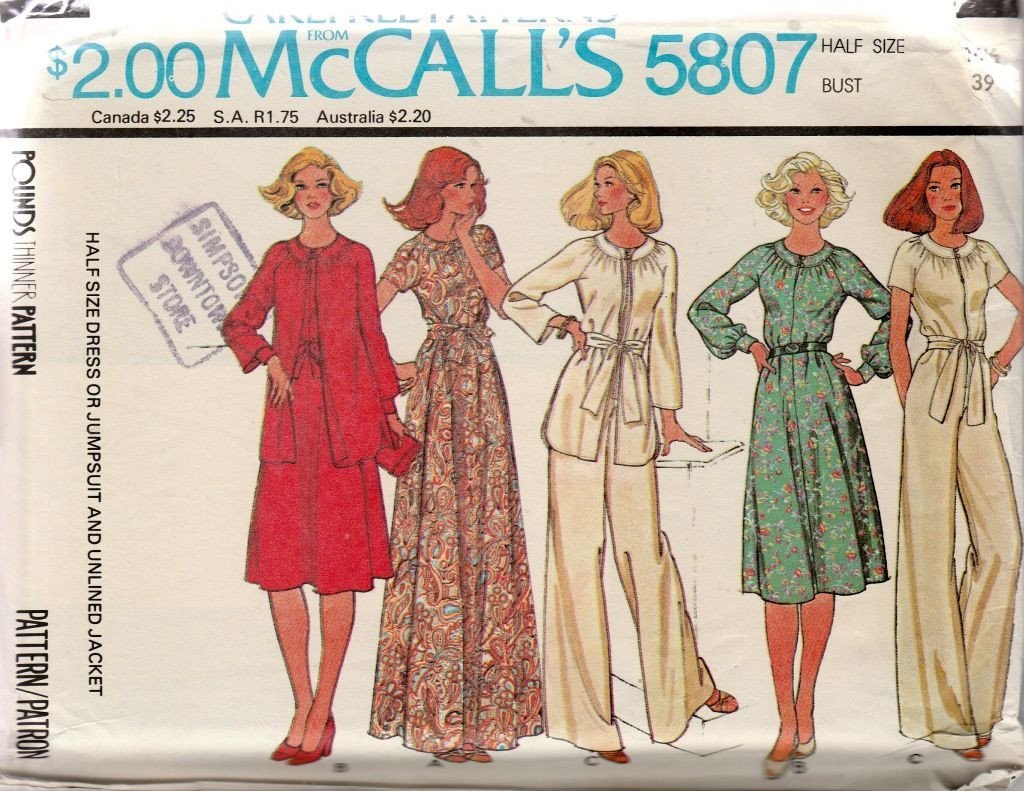 McCall's 5807 Vintage 1970's Sewing Pattern Ladies Half Size Jumpsuit ...