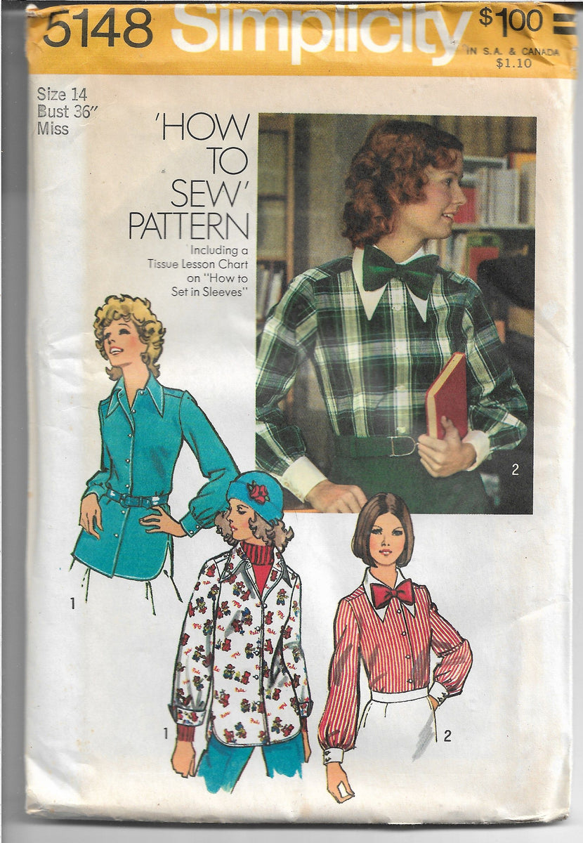 Simplicity 5148 Ladies Blouse Bow Tie Vintage Sewing Pattern 1970s ...