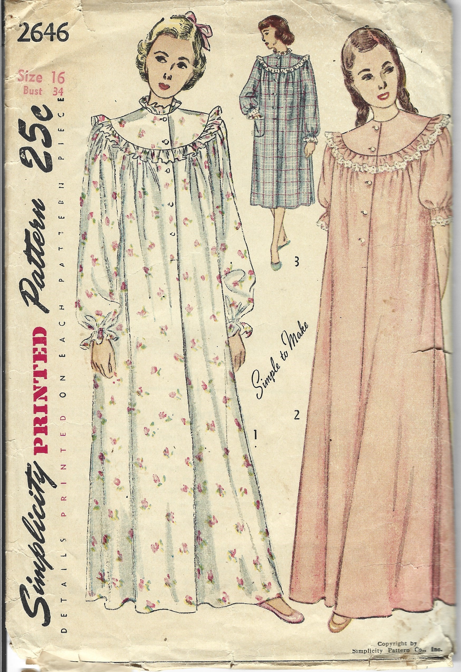 Simplicity 2646 Ladies Nightgown Pajamas Vintage Sewing Pattern 1940s