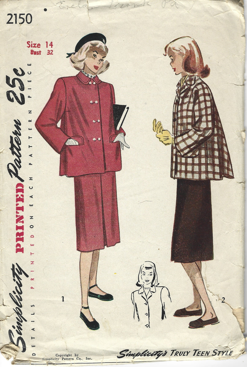 Simplicity 2150 Teen Suit Jacket Skirt Vintage Sewing Pattern 1940s ...