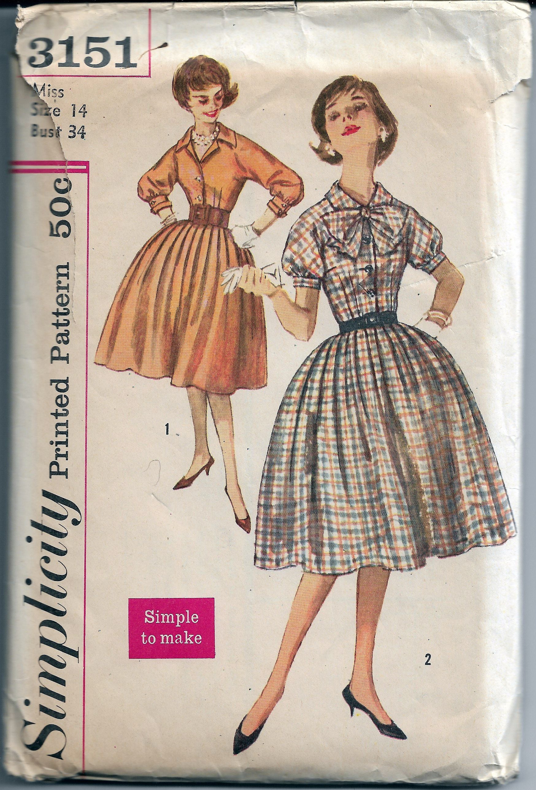 Simplicity 1356 Vintage 1950's Sewing Pattern Ladies Buttoned Front Day  Dress Pointed Collar