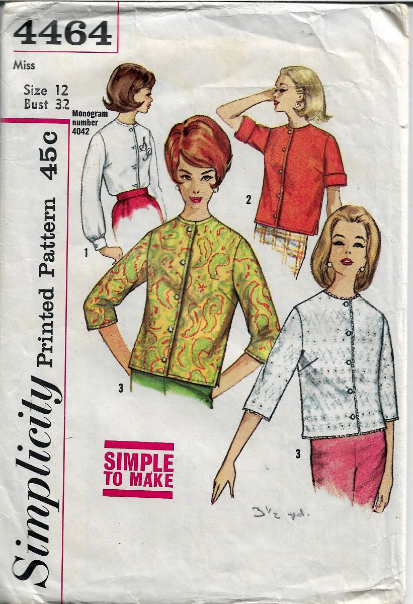 Simplicity 4464 Vintage Sewing Pattern 1960's Misses Blouse ...